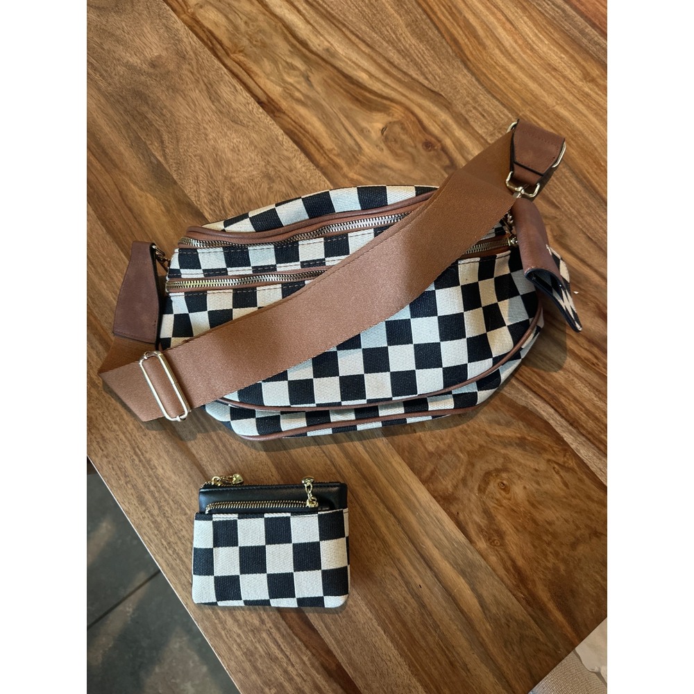 Checkered Canvas Crossbody Bag and Coin Purse Set Black White Guitar Strap Purse